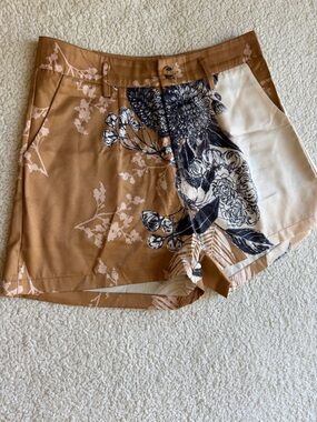 Floral Panel High-Rise Women’s Shorts in Brown and Cream